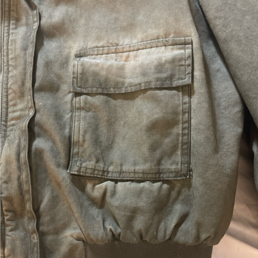 Women’s Medium Olive Green Cropped Utility Jacket Zip Front Quilted Lined Cotton - Picture 10 of 11